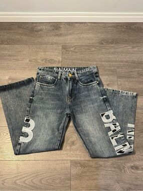 Balmain Men's Faded Blue Logo Straight Jeans